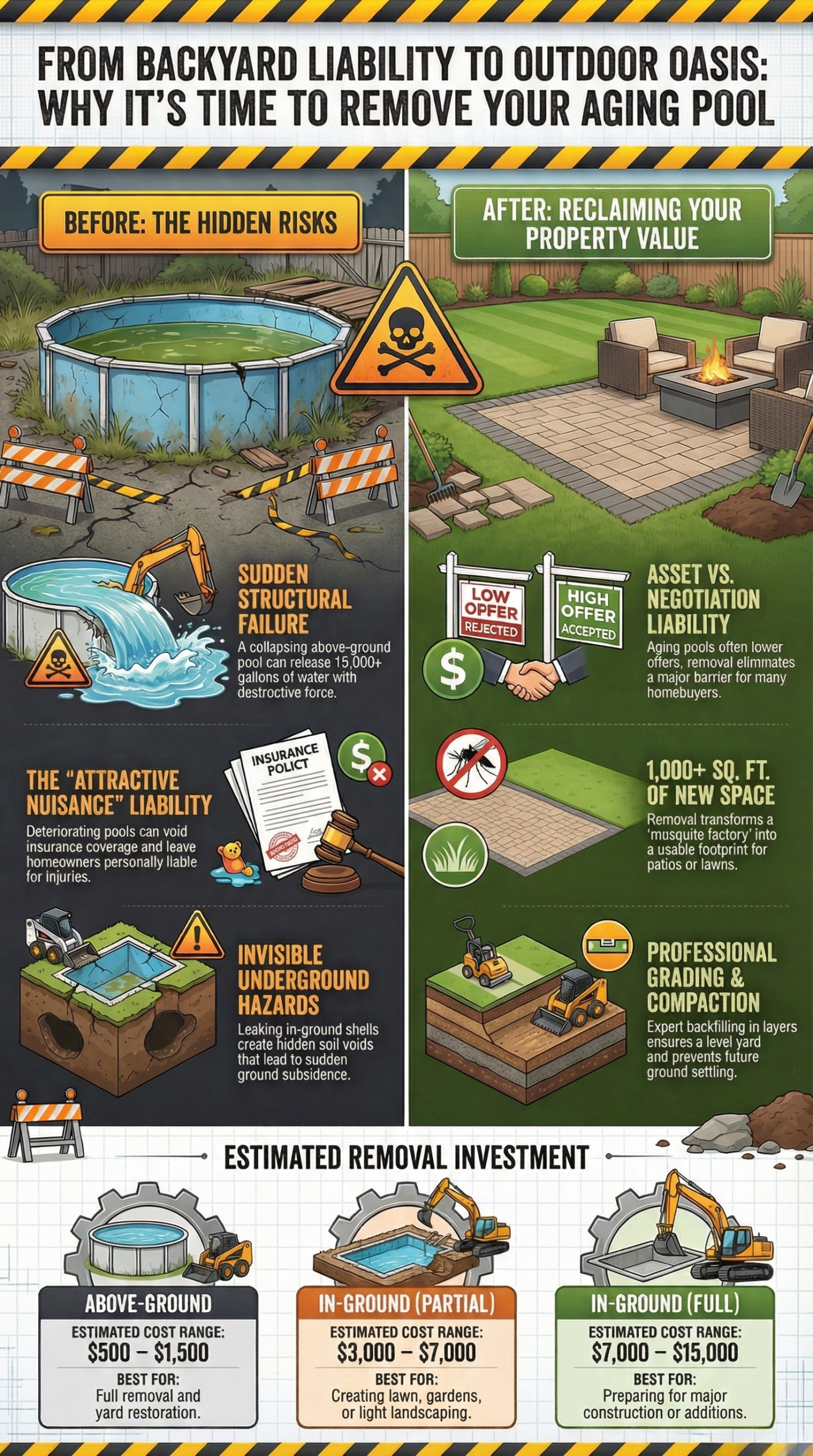 aging pool removal comparison guide, old pool removal options, above ground pool removal vs in ground pool removal, partial pool removal vs full pool removal, pool demolition comparison, best way to remove an old pool, compare pool removal methods, cost of pool removal comparison, pool abandonment vs excavation, old swimming pool removal guide, pool removal pros and cons, backyard pool removal planning, what to do with old pool space, pool fill in comparison guide, residential pool removal decisions