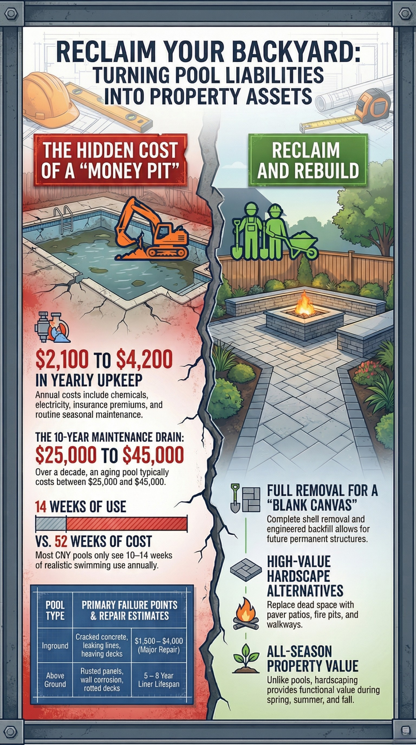 turning pool liabilities into assets, old pool removal Central New York, pool removal backyard makeover, replace old pool with patio, pool demolition and paver patio, backyard transformation after pool removal, custom concrete pavers Central NY, fire pit installation after pool removal, walkway design after pool demolition, inground pool removal ideas, above ground pool removal ideas, hardscape design after pool removal, patio installation Onondaga County NY, patio installation Oswego County NY, Ground Force Property Services backyard renovation